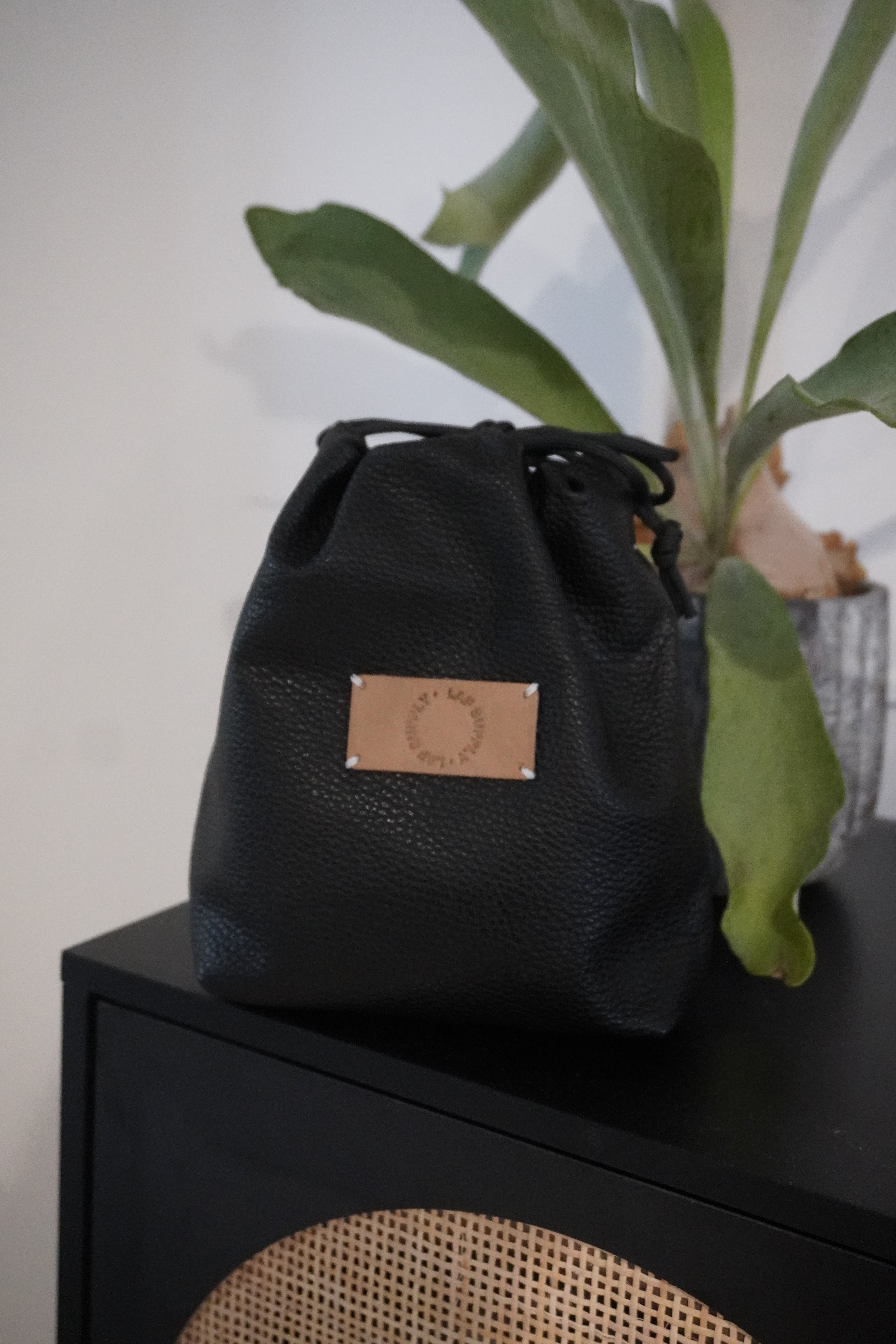 leather drawstring bag